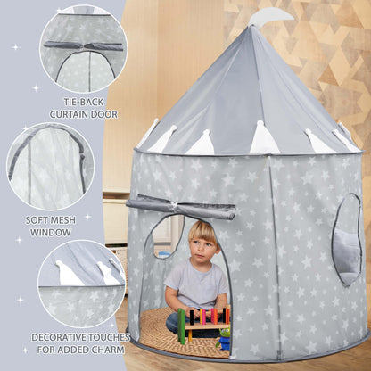 Grey Crystals Kids Pop Up Play Tent designed as a princess castle playhouse for children, foldable and easy to set up sensory toy.