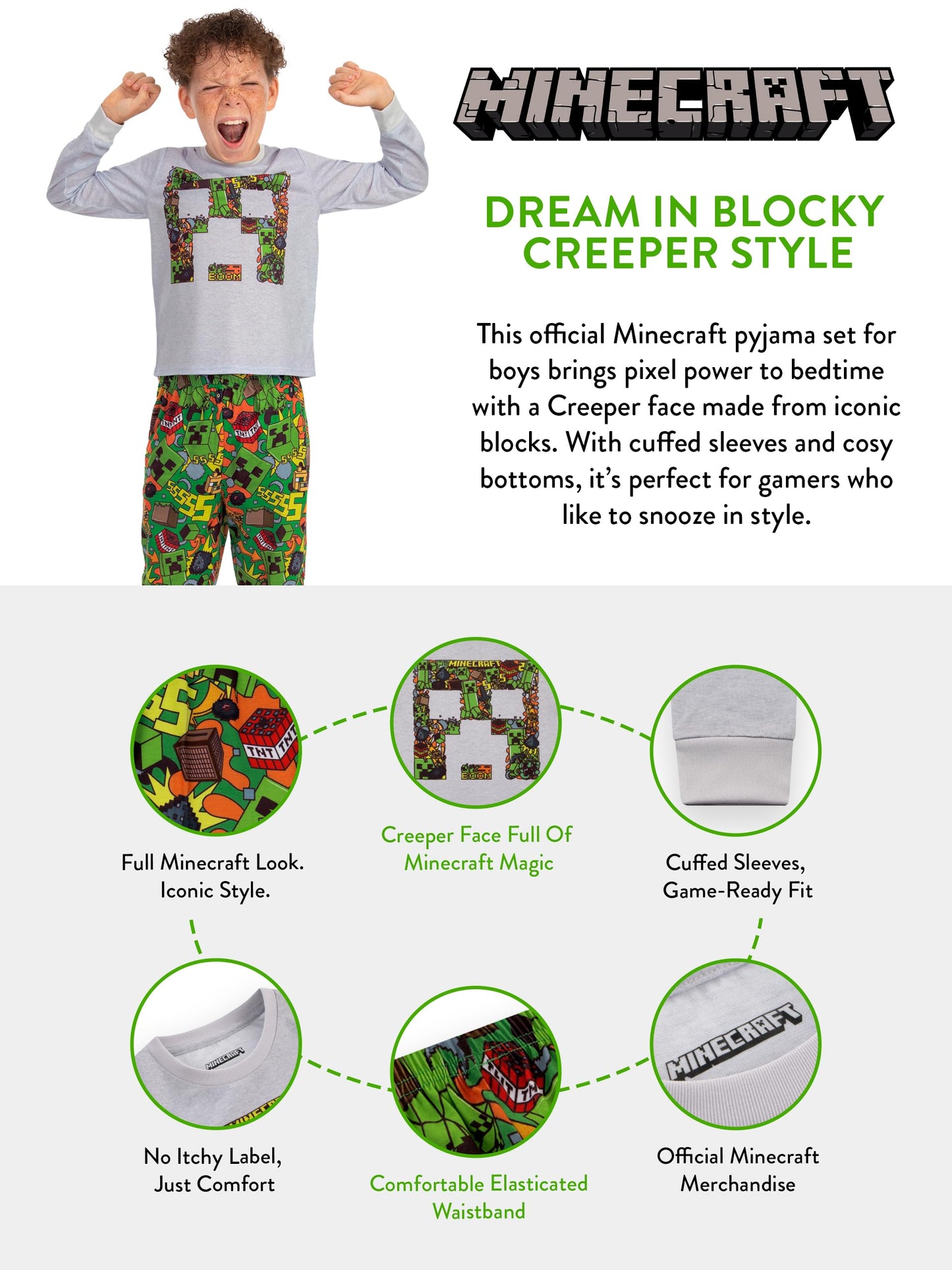 Minecraft Pyjamas, Creeper Boys Pyjamas, Gaming Pjs For Boys, Long Sleeve Kids Pjs, Multicolour 6-7 Years