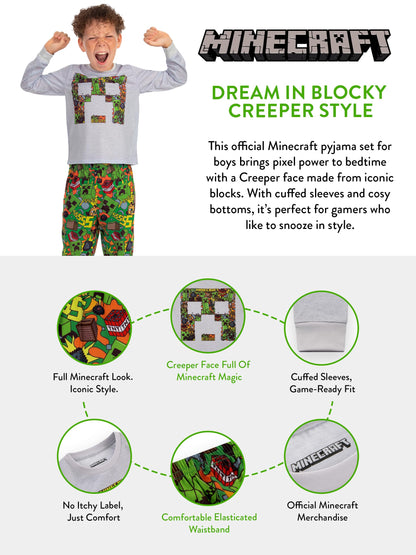 Minecraft Pyjamas, Creeper Boys Pyjamas, Gaming Pjs For Boys, Long Sleeve Kids Pjs, Multicolour 6-7 Years