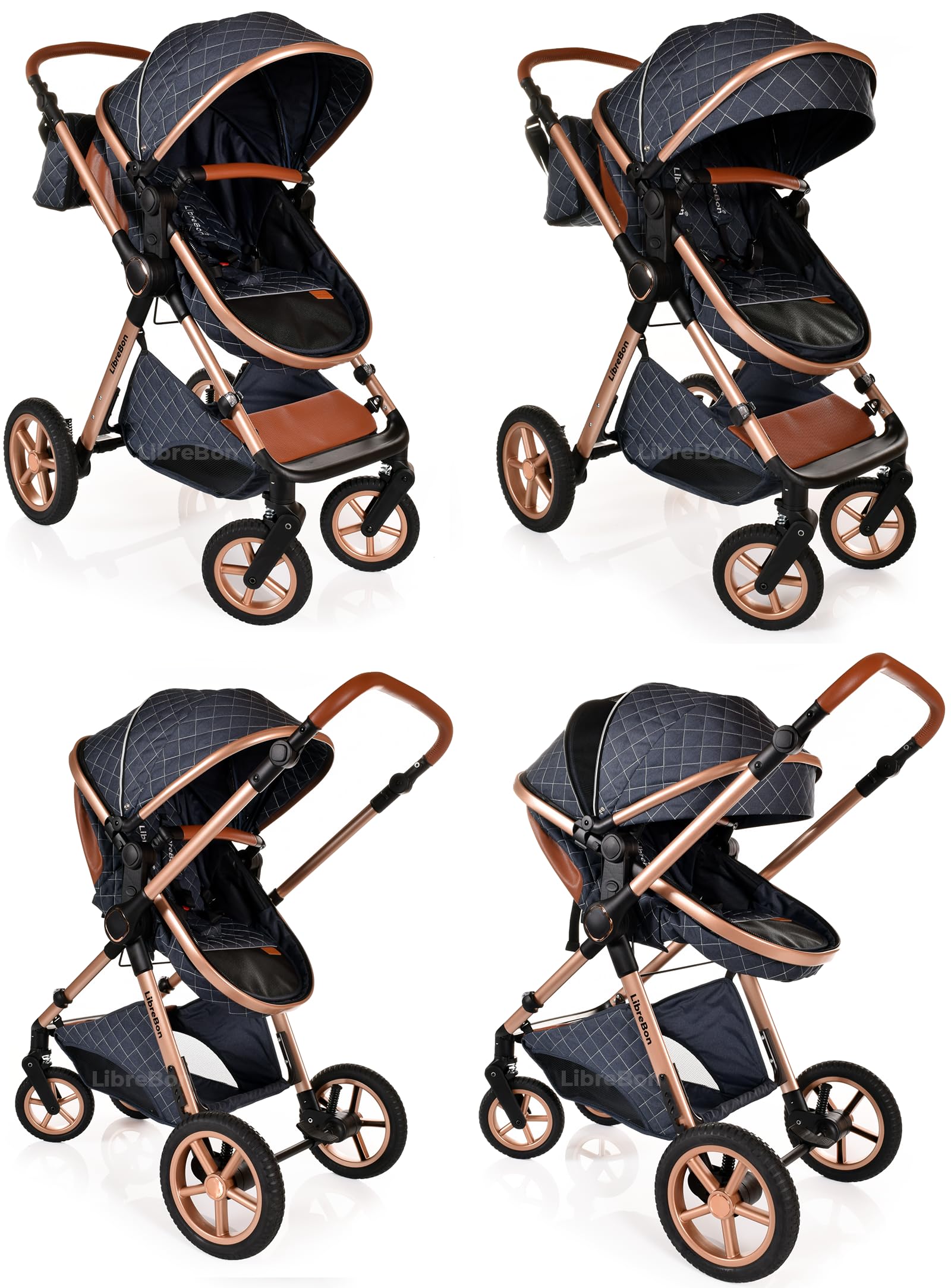 Boneelook 3-in-1 baby buggy pram stroller with blue denim fabric and rose gold frame, lightweight, foldable travel system for newborns