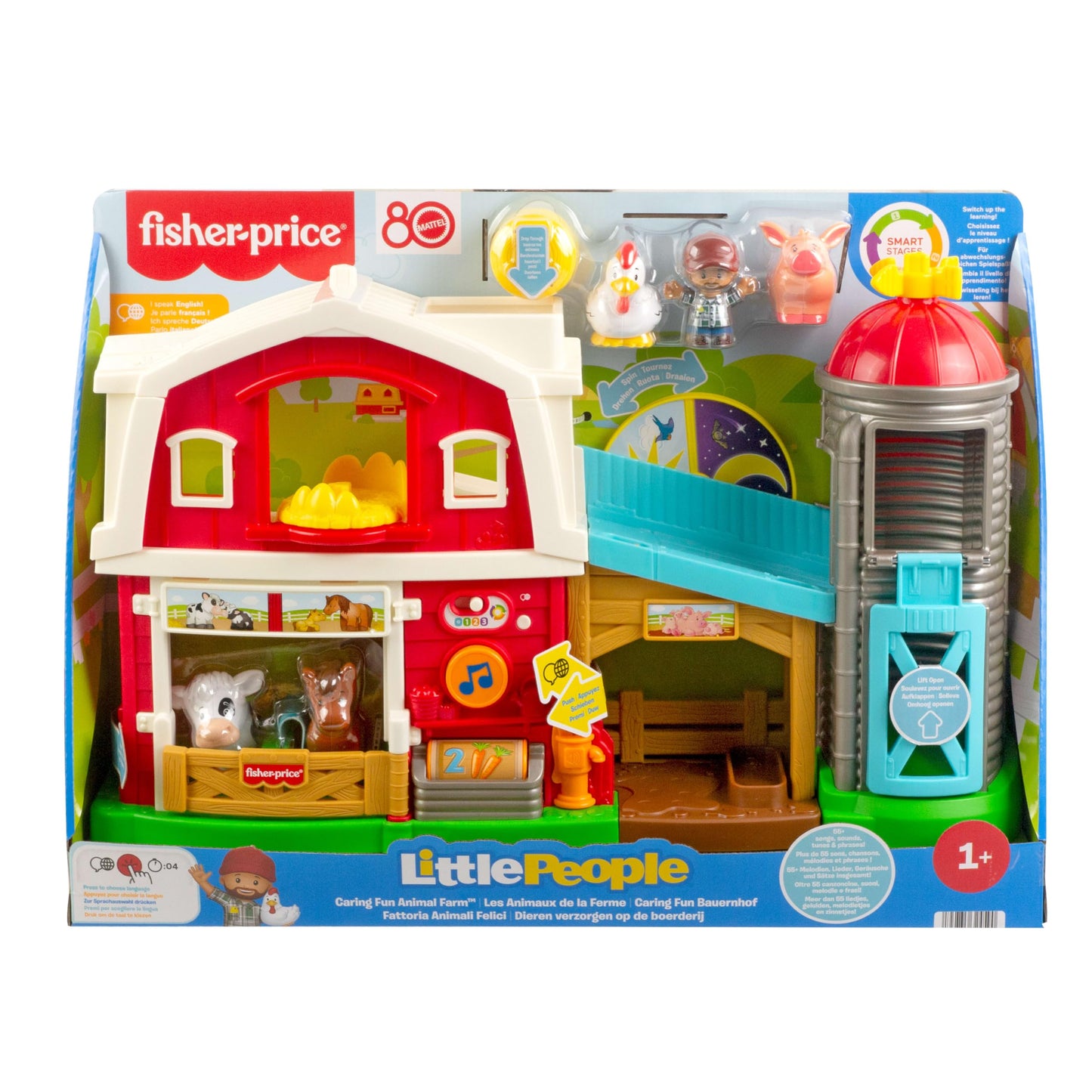Fisher-Price Little People Caring for Animals Farm. Interactive playset with Smart Stages learning for toddlers and kids. Ages 1-5 years. English, French, German, Italian, Dutch edition. JGX08