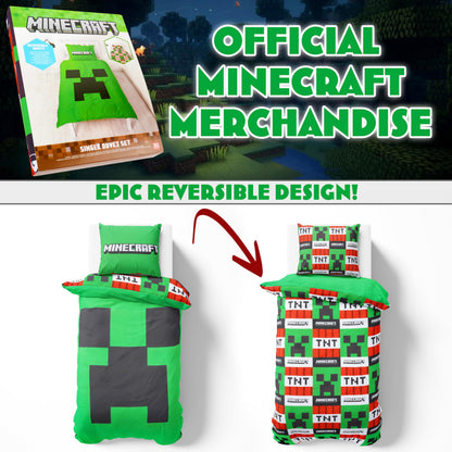 Get Trend Minecraft Single Duvet Cover Set Kids & Teens, Reversible Bedding & Pillowcase for Boys & Girls, Bedroom Accessories, Anime Gifts for Boys (Green Minecraft, Single)
