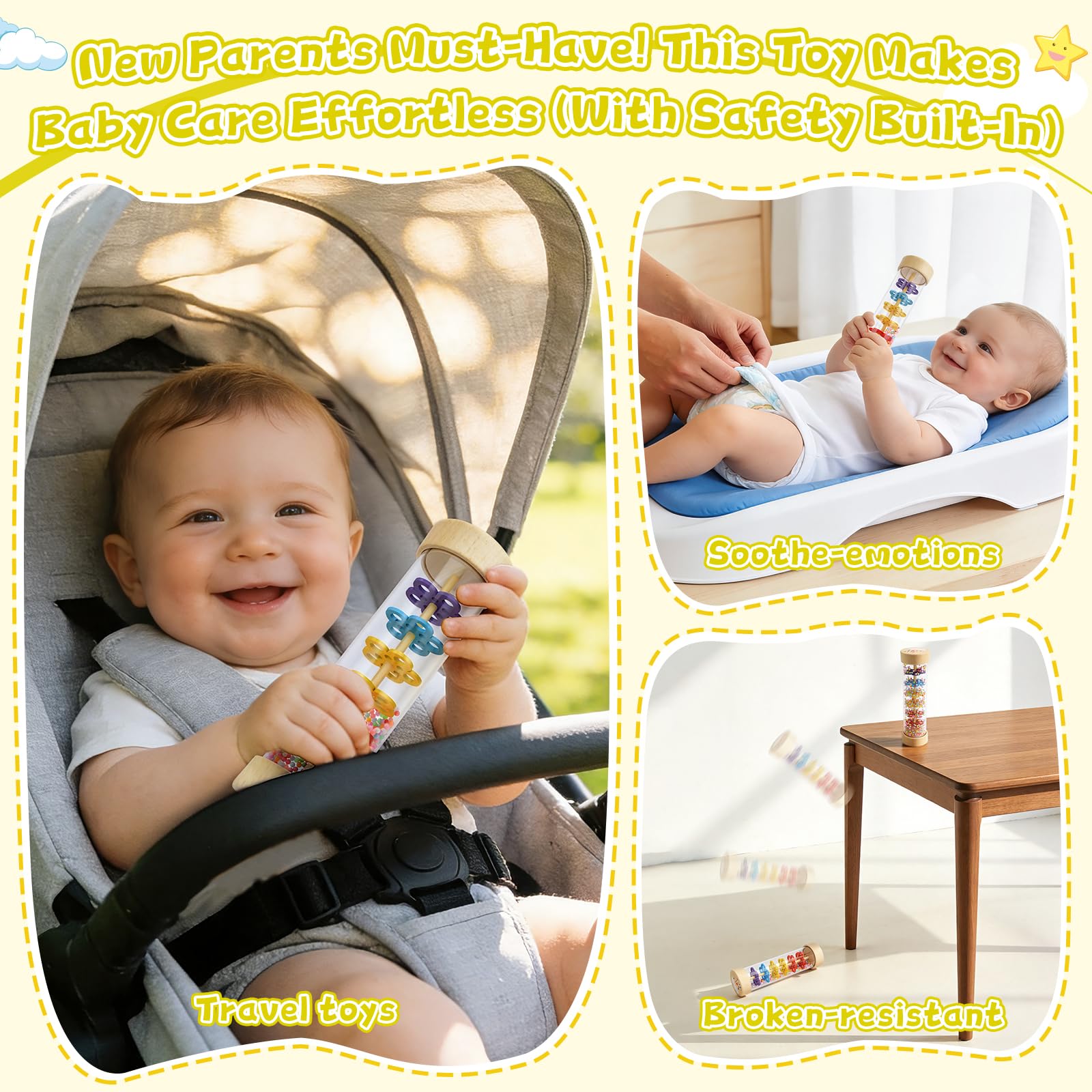 Wooden baby rattle and rain stick musical toy by Zendstanding, designed for sensory grip and development in infants.