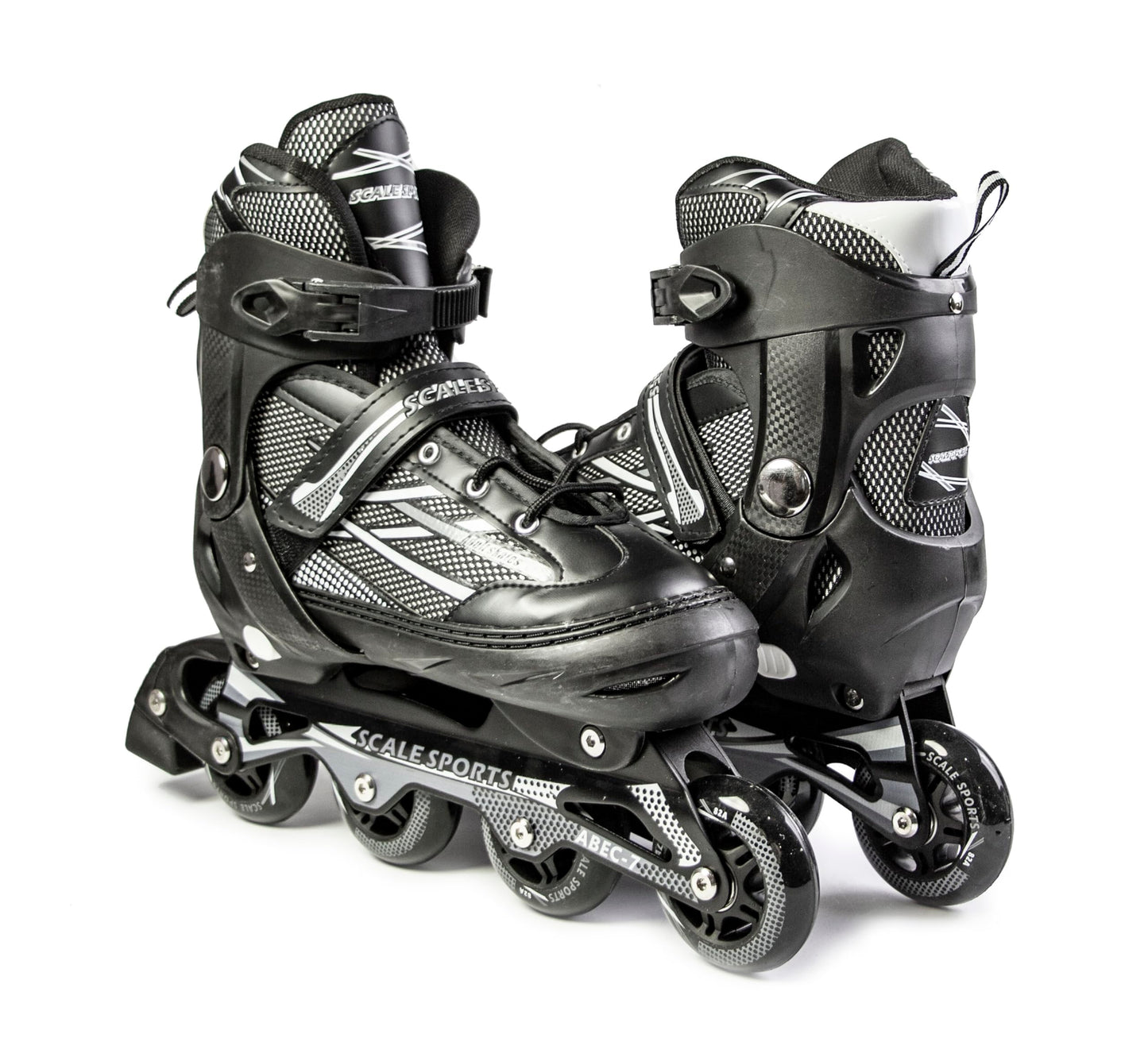 Black Scale Sports adjustable inline roller skates for adults and teens, size XL (41-44 UK 7.5-9.5), with padded ankle support.