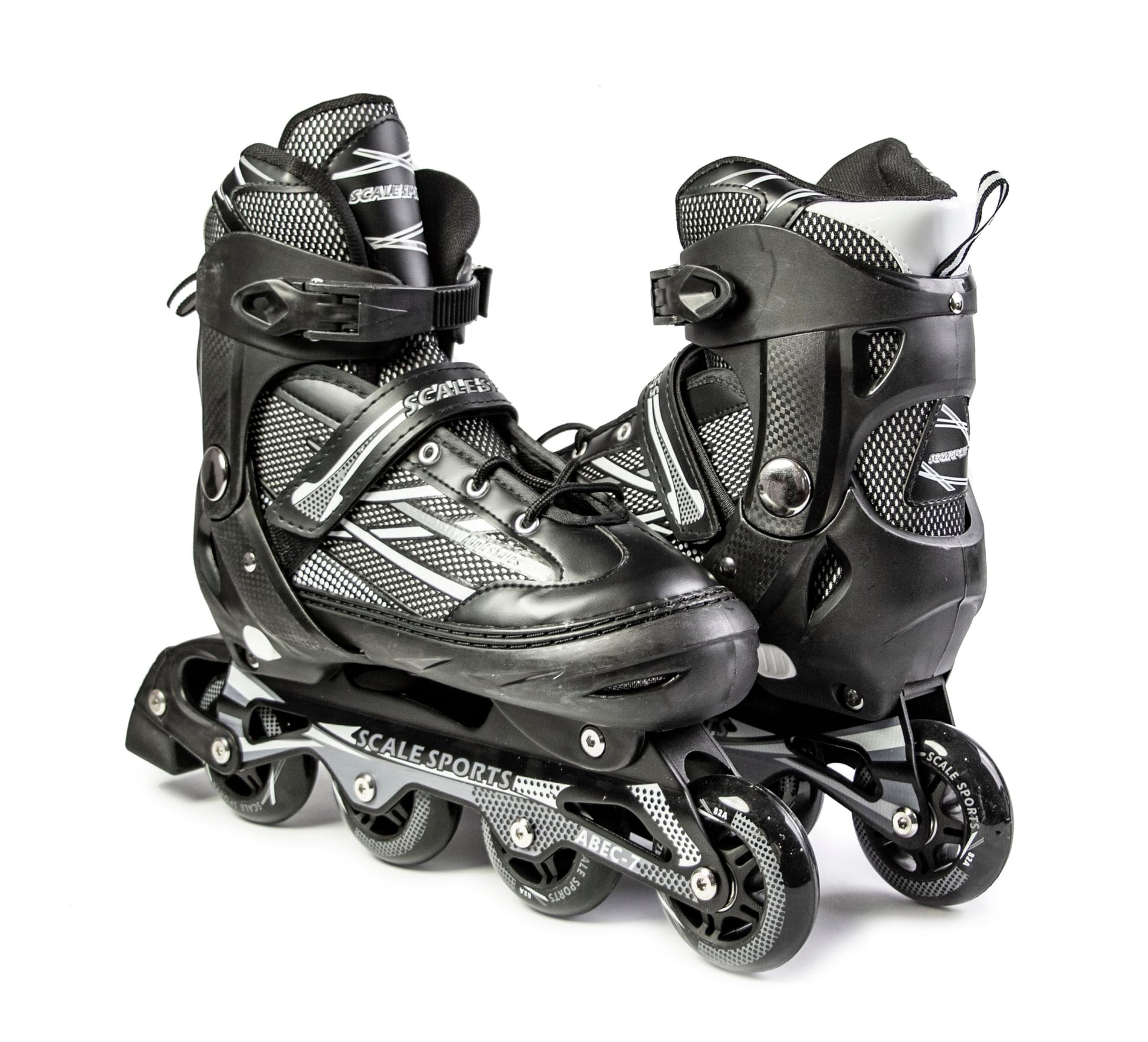 Black Scale Sports adjustable inline roller skates for adults and teens, size XL (41-44 UK 7.5-9.5), with padded ankle support.