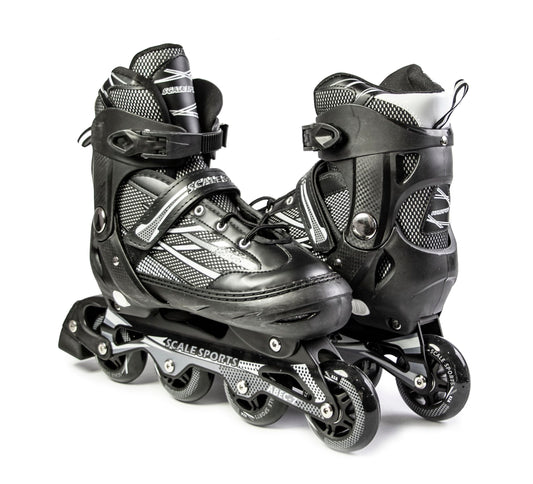 Black Scale Sports adjustable inline roller skates for adults and teens, size XL (41-44 UK 7.5-9.5), with padded ankle support.