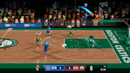 NBA Bounce PS5 game by Outright Games showing a colorful basketball court and game cover art for PlayStation 5.