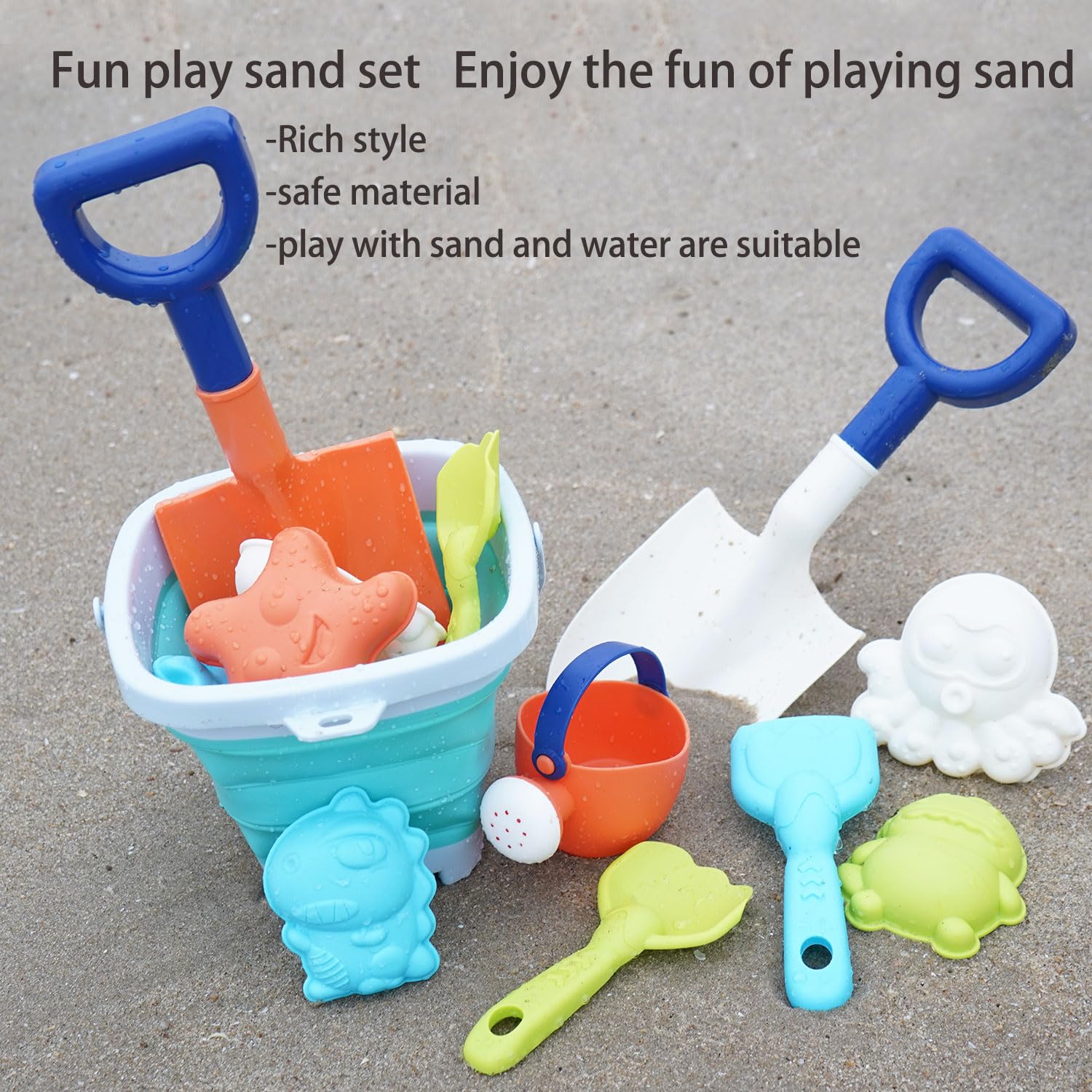 HaiLeTao beach toys set for kids with collapsible sand bucket, mesh bag, shovels, animal molds, rake, watering can, and dinosaur molds.