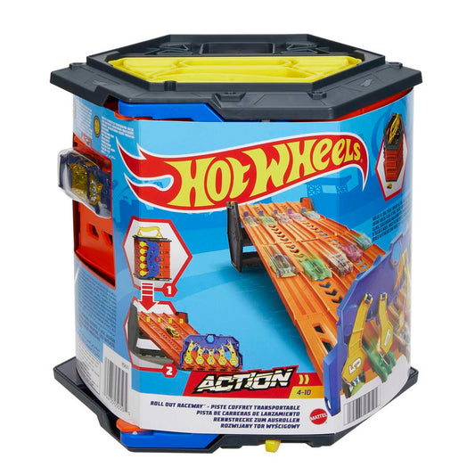 Hot Wheels Track Builder Action set featuring a 5-lane racetrack and toy storage bucket with one toy car included.