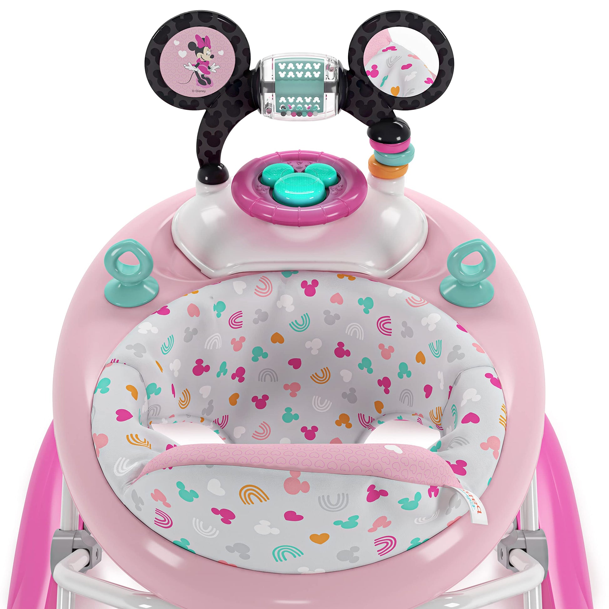 Bright Starts Disney Baby Minnie Mouse 2-in-1 activity walker with removable toy station, lights, songs, and adjustable height in pink.