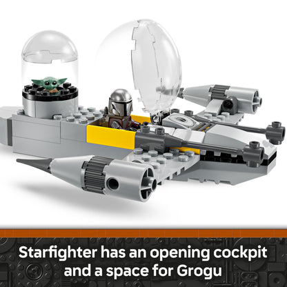 LEGO Star Wars 75410 Mando and Grogu's N-1 Starfighter set with minifigures and fueling station for imaginative play.