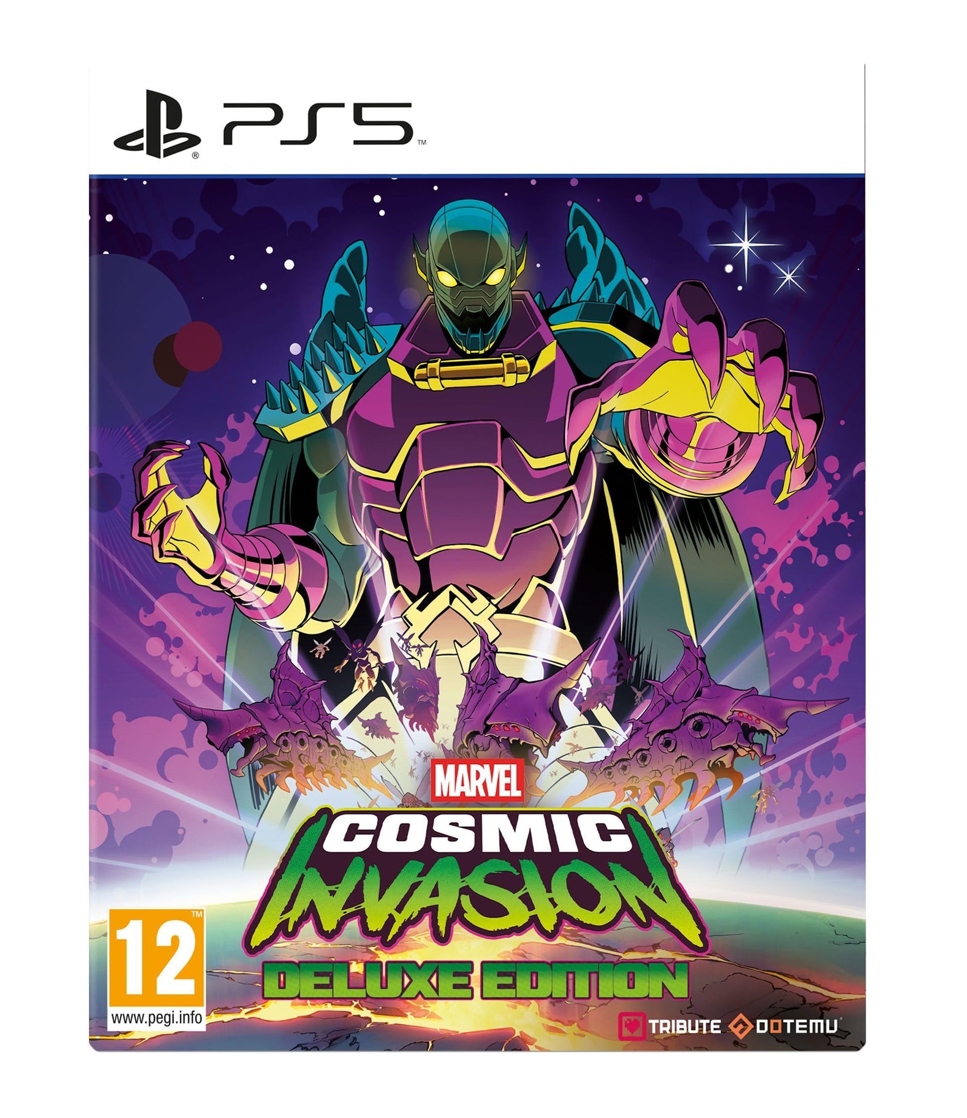 Marvel Cosmic Invasion Deluxe Edition PS5 game case with cosmic artwork, featuring characters from the Marvel universe.