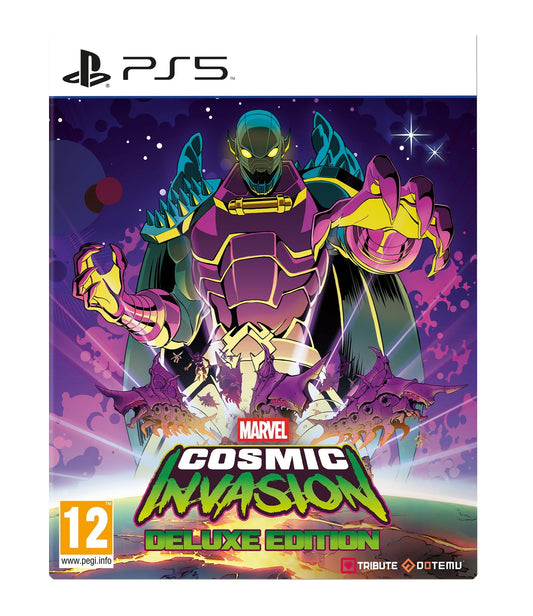 Marvel Cosmic Invasion Deluxe Edition PS5 game case with cosmic artwork, featuring characters from the Marvel universe.
