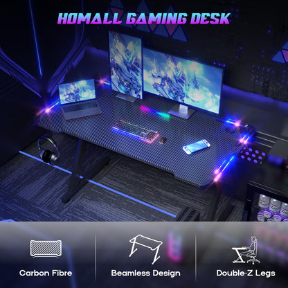 Homall Gaming Desk with LED Lights, 120 x 60cm RGB Gaming Table Z Shape, Large Computer Desk with Headphone Hook, Gamer Table for Home Office, Carbon Fibre Black