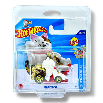Hot Wheels Feline Lucky (White, Gold & Red) 9/10 Celebration Racers - 2025-234/250 (Short Card) - includes a KLAS Car Keeper Protector Case - HYW52