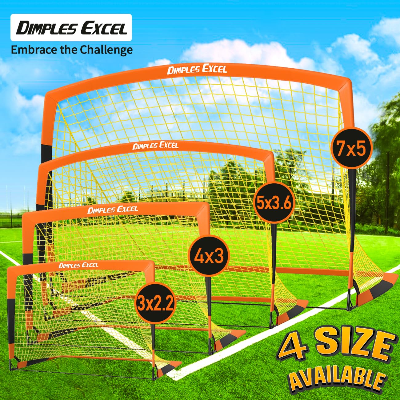 Dimples Excel 5x3.6ft black and orange foldable football goal for garden practice, portable and easy to set up