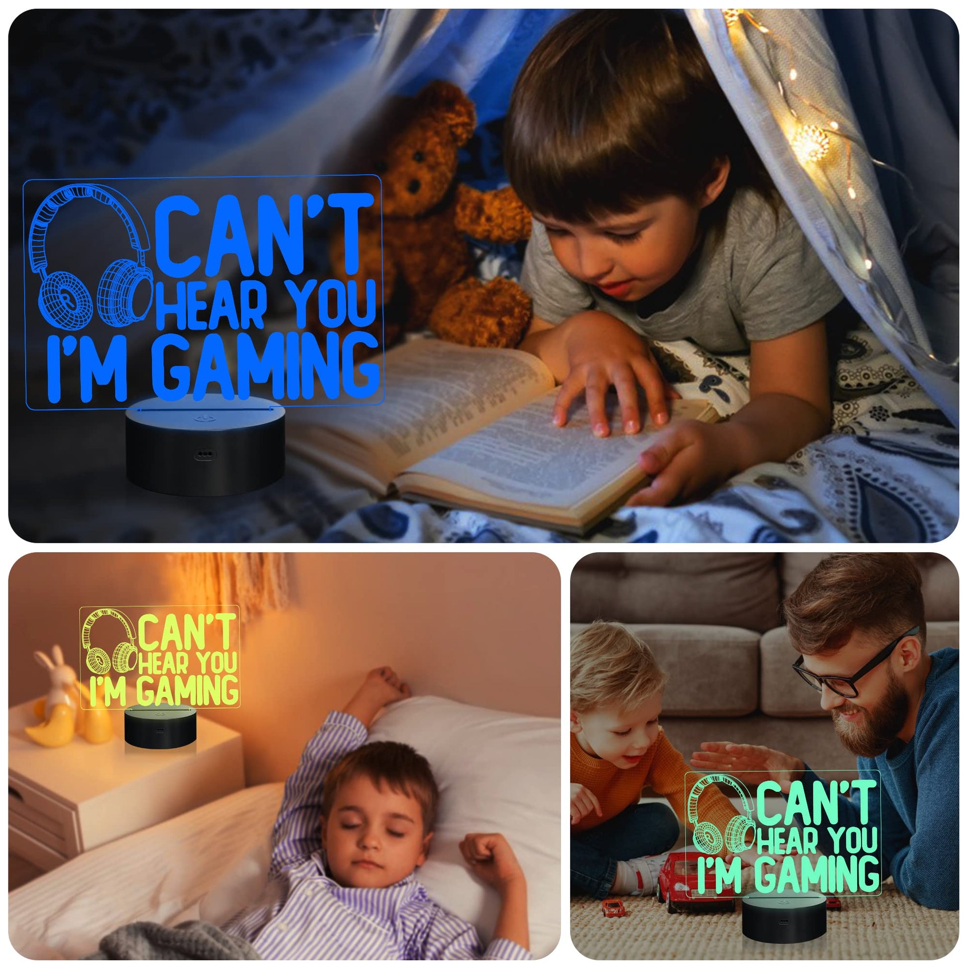 Can't Hear You I'm Gaming night light with headset graphic, 16 color LED, touch and remote control, ideal for gamers and teens.