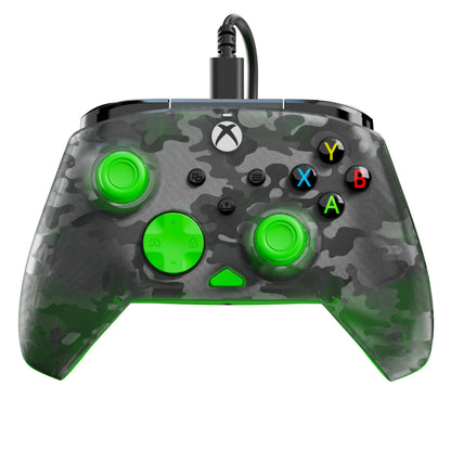 Turtle Beach Rematch Core green and ghost black camo wired gaming controller with audio controls, rumble motors, and impulse triggers.