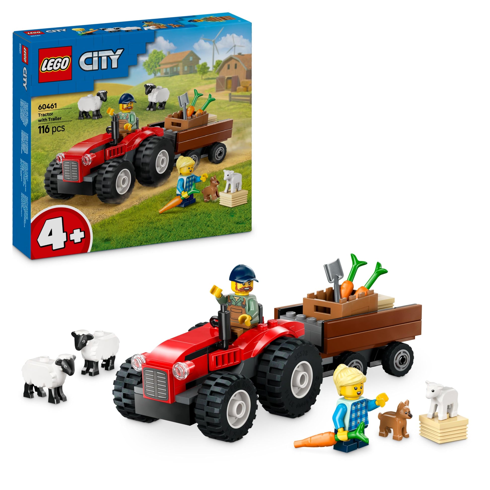LEGO City red farm tractor with trailer and sheep figures, perfect for early learning playset for kids 4 and up.