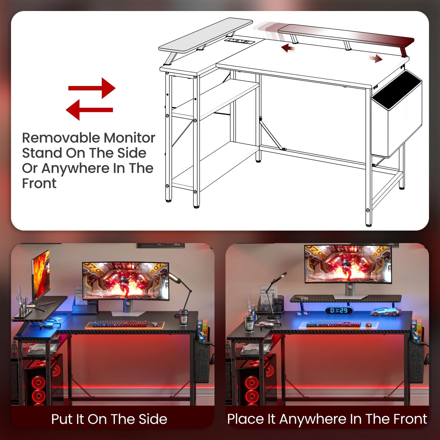DOMSHOCT L-shaped gaming desk in carbon black with LED lights, monitor stand, storage bag, adjustable shelves, and power outlets.