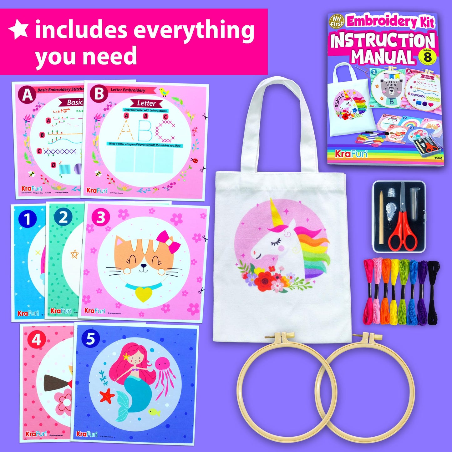 KRAFUN Beginner Embroidery Kit for Kids & Teens Ages 7-12, Simple Patterns with Hoop, Cloth, Threads, Instructions, Educational Craft Gift for Learning Stitches