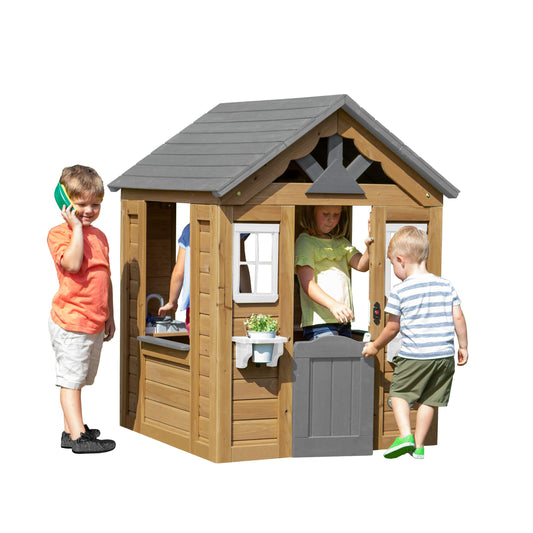 Backyard Discovery maple leaf cedar wood children's outdoor playhouse with play kitchen, snack bar window, and half door.