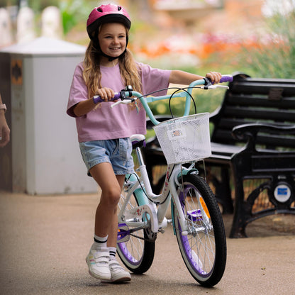 Huffy Girly Girl 20-Inch Cruiser Bike, Basket, Bell, Mudguards, Adjustable Comfort Saddle, Upright Handlebars, Single-Speed, Dual Brakes, Stylish Girls’ Bike for Ages 5-9, White & Sea Crystal