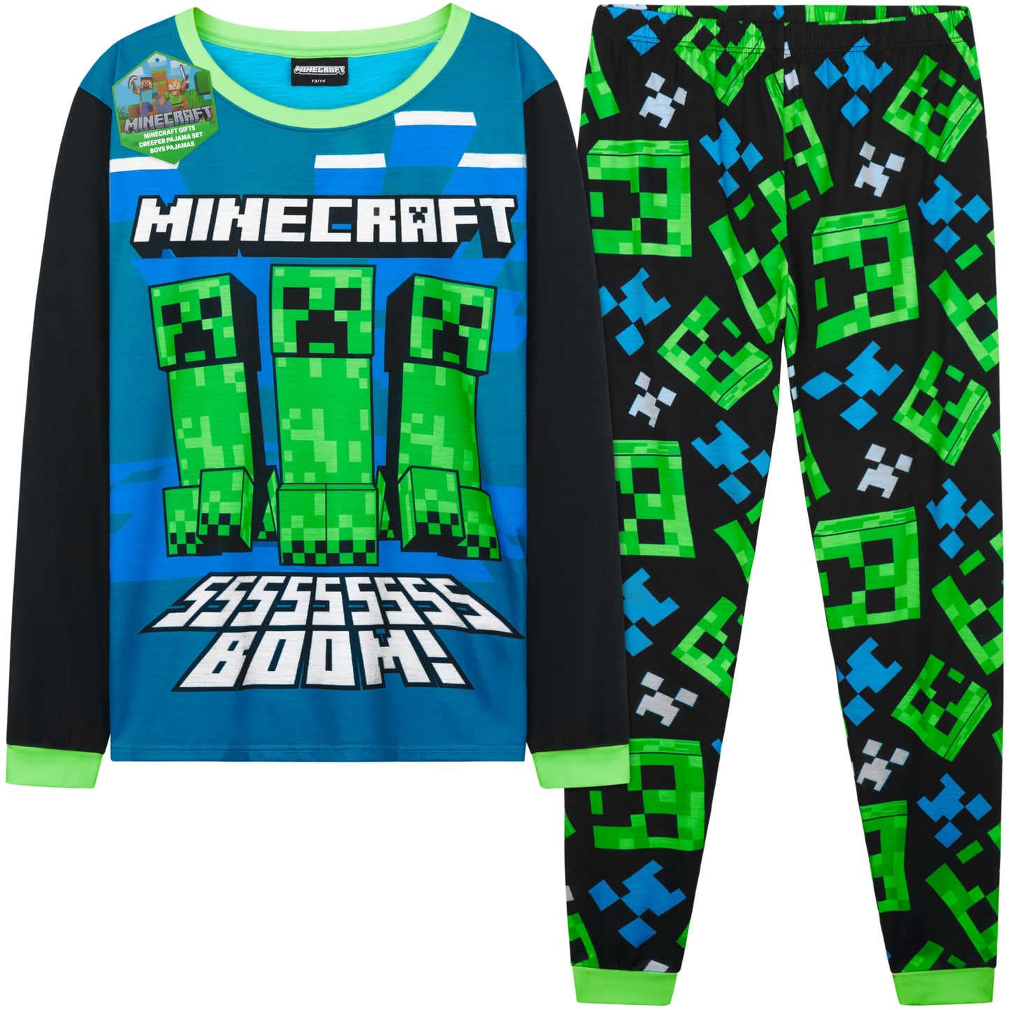 Get Trend Minecraft Boys Pyjamas Set, Long PJs for Kids & Teens, Creeper Loungewear Soft Nightwear, Gamer Gifts for Boys (9-10 Years, Blue/Green Minecraft)