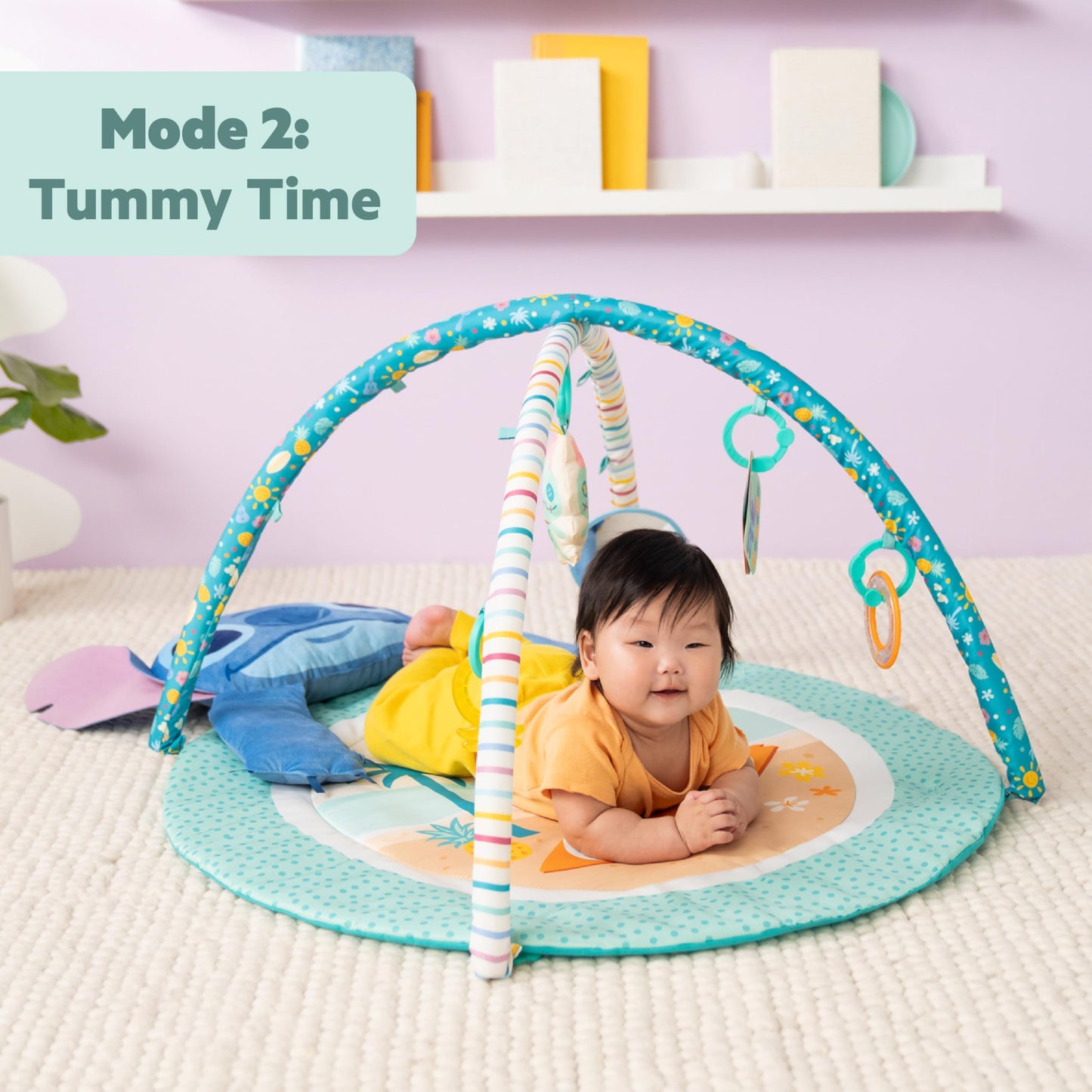 Bright Starts, Disney Baby Stitch Activity Gym, with Tummy Time Pillow, Baby Play Mat with Toy Bar, 5 Take Along Toys, for Newborns and Up