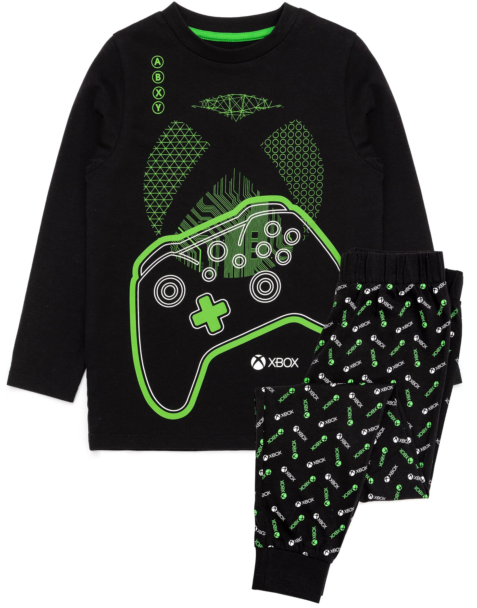 Xbox boys' pajamas set with black and green gamer T-shirt and matching leggings featuring game controller graphics, for ages 9-10.