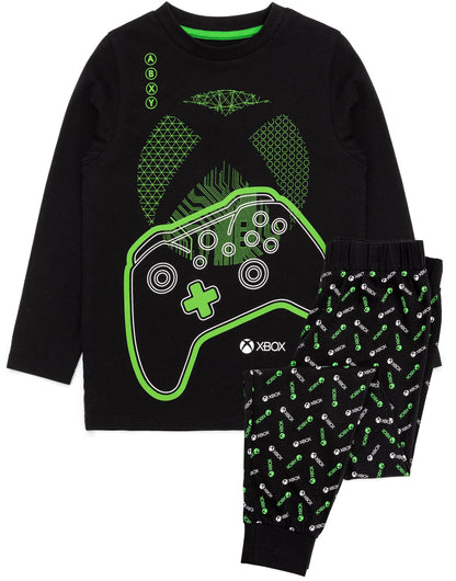 Xbox boys' pajamas set with black and green gamer T-shirt and matching leggings featuring game controller graphics, for ages 9-10.