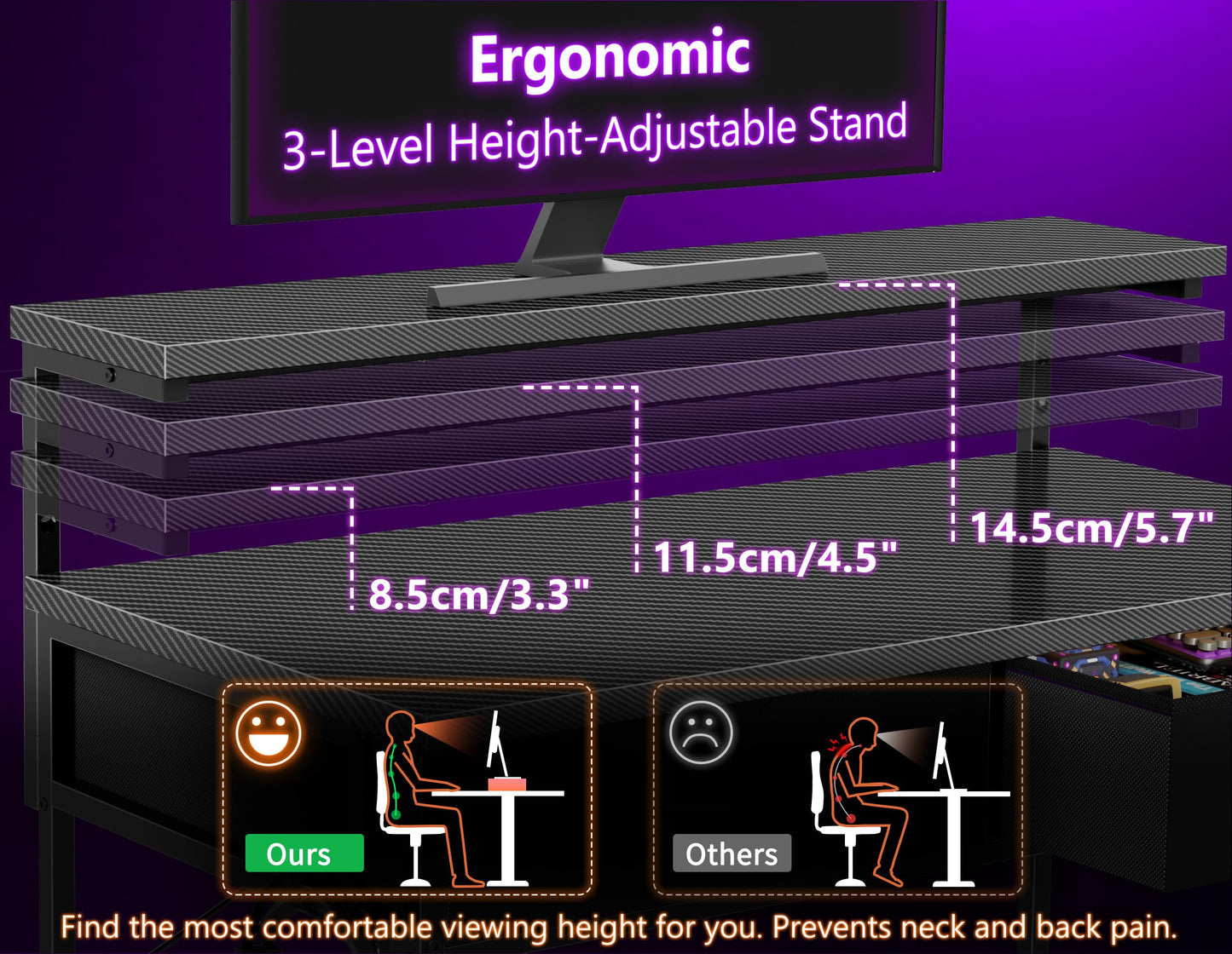 HOMIDEC Gaming Desk with Adjustable Monitor Stand, Computer Office Desk with 2 Storage Drawers, Gaming Table with Headphone Hook, Carbon Fibre Surface, for Gamers, Workers and Students, Black, 80cm