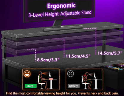 HOMIDEC Gaming Desk with Adjustable Monitor Stand, Computer Office Desk with 2 Storage Drawers, Gaming Table with Headphone Hook, Carbon Fibre Surface, for Gamers, Workers and Students, Black, 80cm