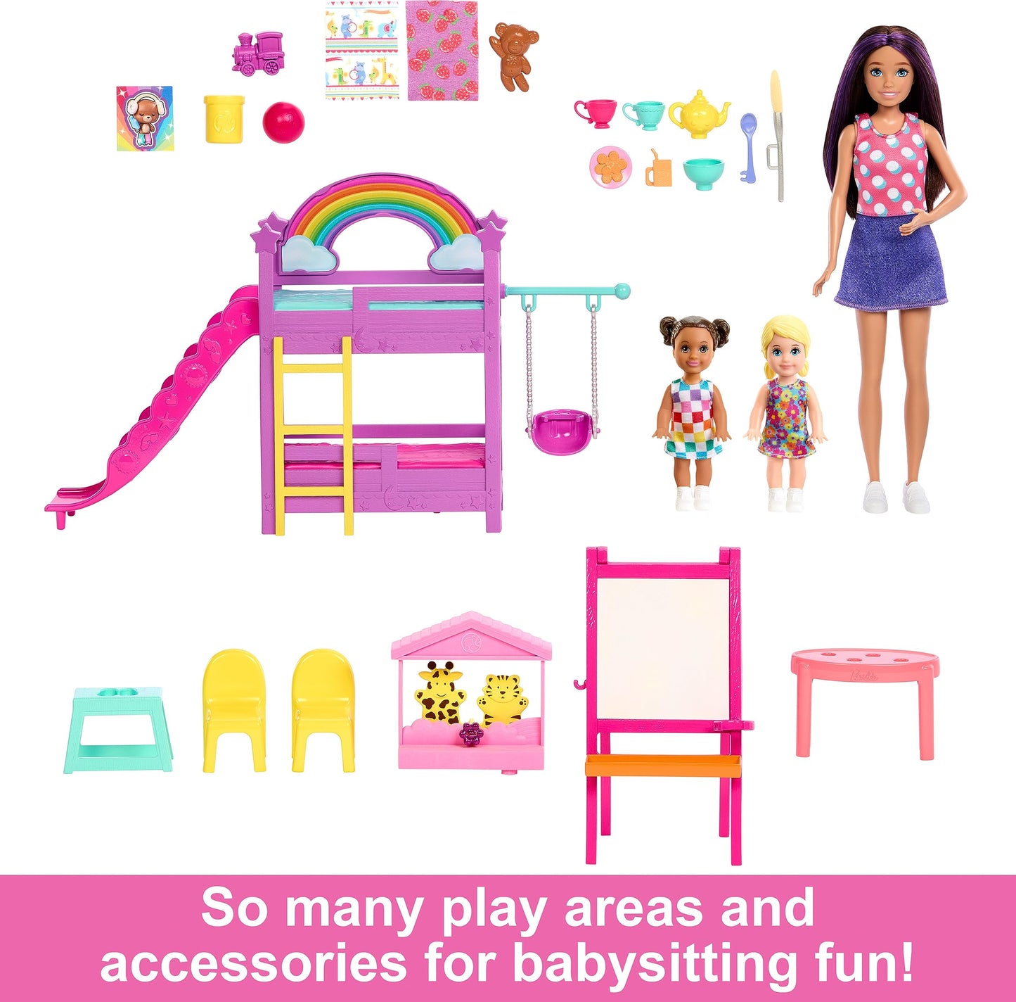 Barbie Skipper Babysitters Inc. daycare playset featuring three dolls, bunk beds, furniture, and color-change easel accessories.