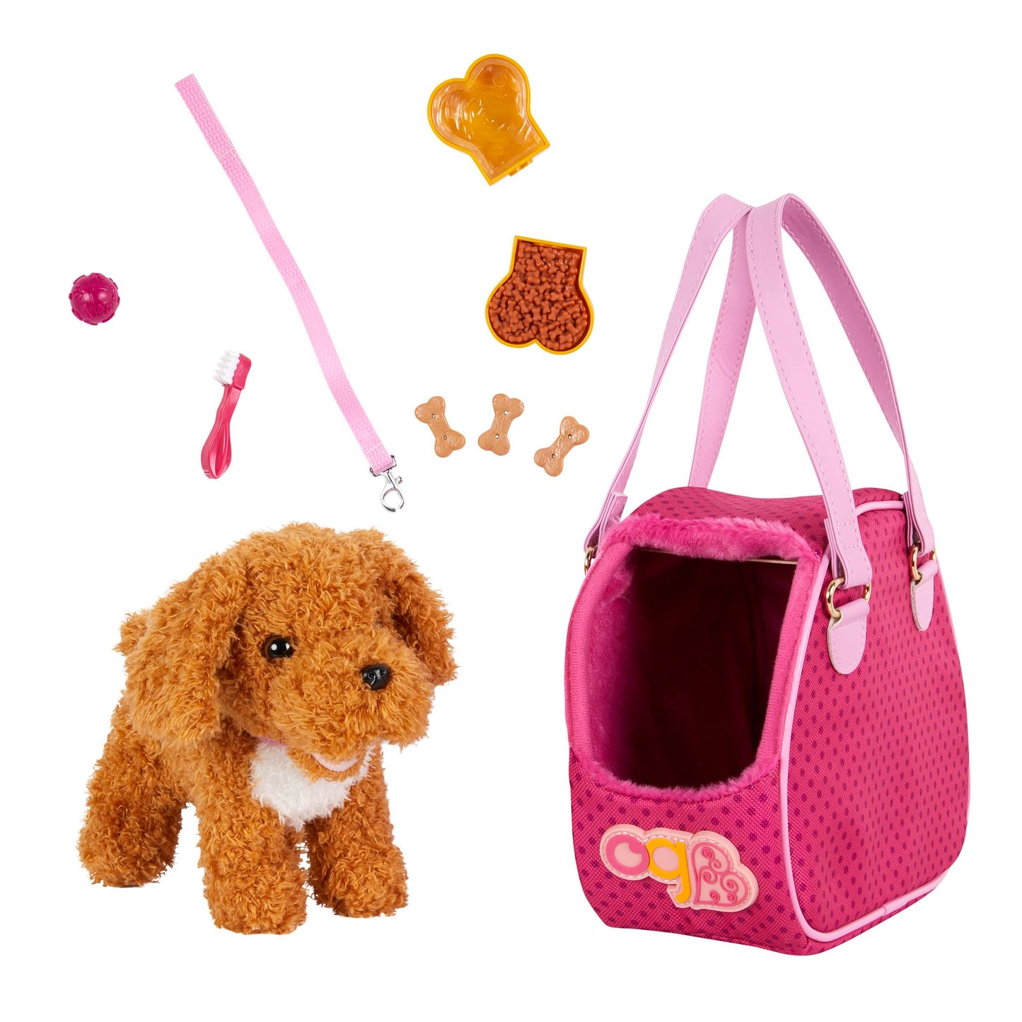Our Generation poodle dog plush in a pink pet carrier bag, designed for 18-inch doll accessories and kids 3+.