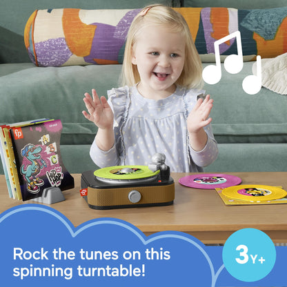 Fisher-Price Rockin’ Record Player musical toy for preschool kids, featuring colorful buttons and pretend play features.
