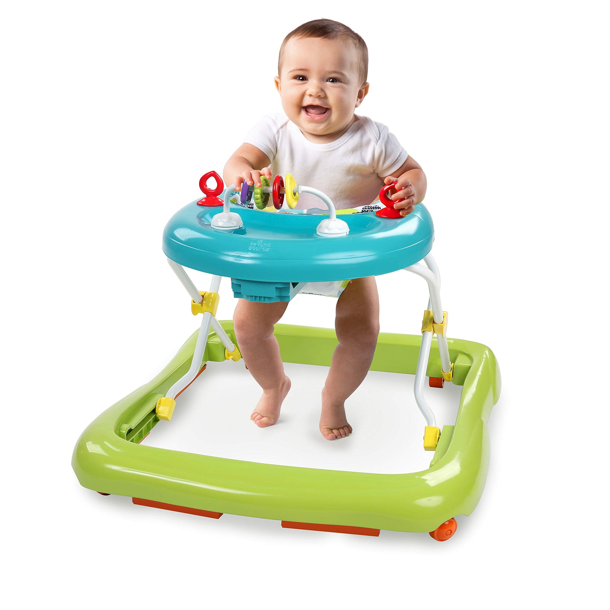 Bright Starts Giggling Safari Walker with easy fold frame for storage, suitable for babies 6 months and older.