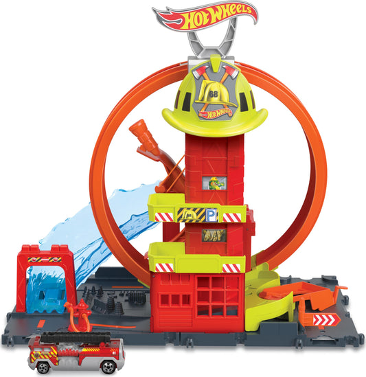 Hot Wheels City set with toy car, kid-powered elevator, fire station, water-like ramp, and super loop track features.