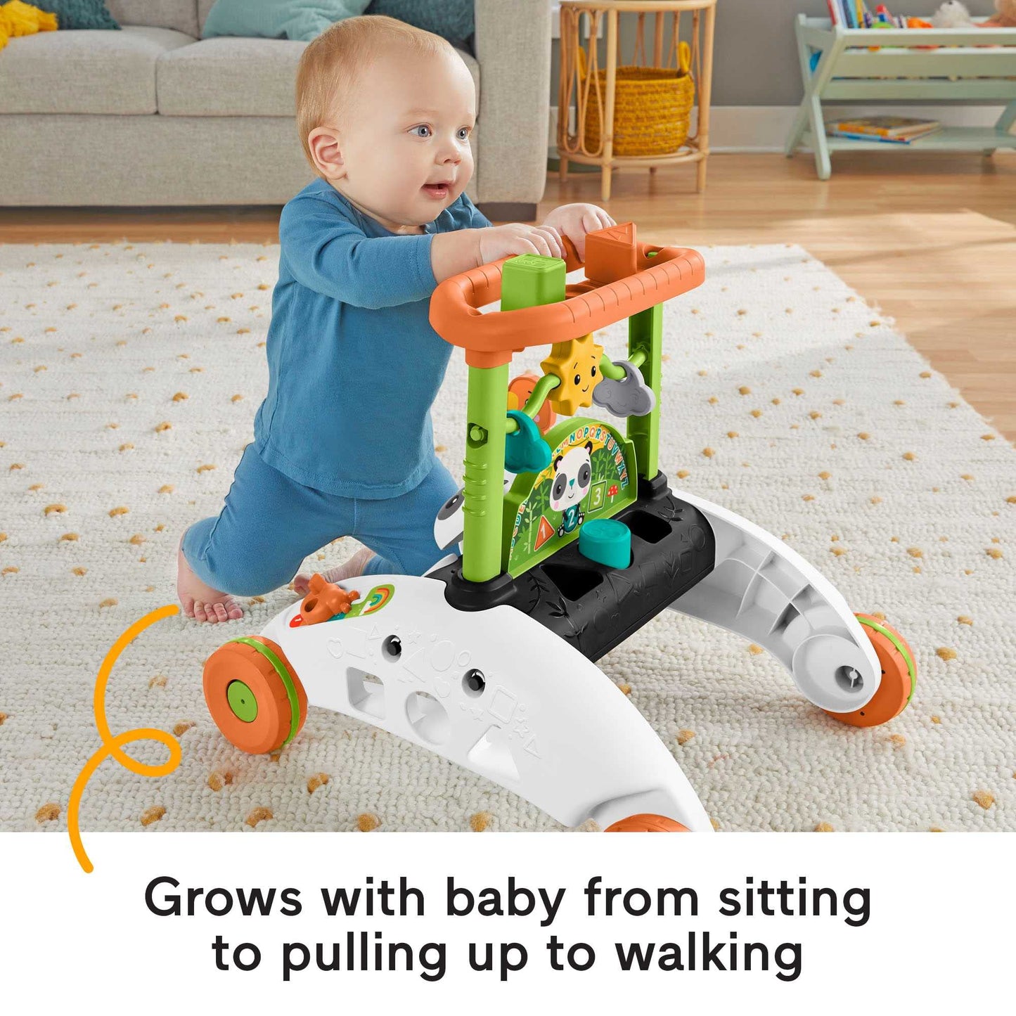 Fisher-Price 2 Sided Steady Panda Walker, Dutch and English version, child standing and grasping the panda-shaped walker.