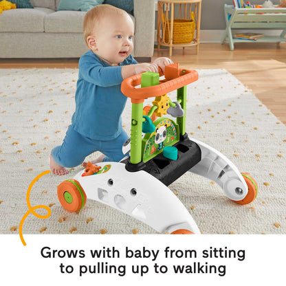 Fisher-Price 2 Sided Steady Panda Walker, Dutch and English version, child standing and grasping the panda-shaped walker.