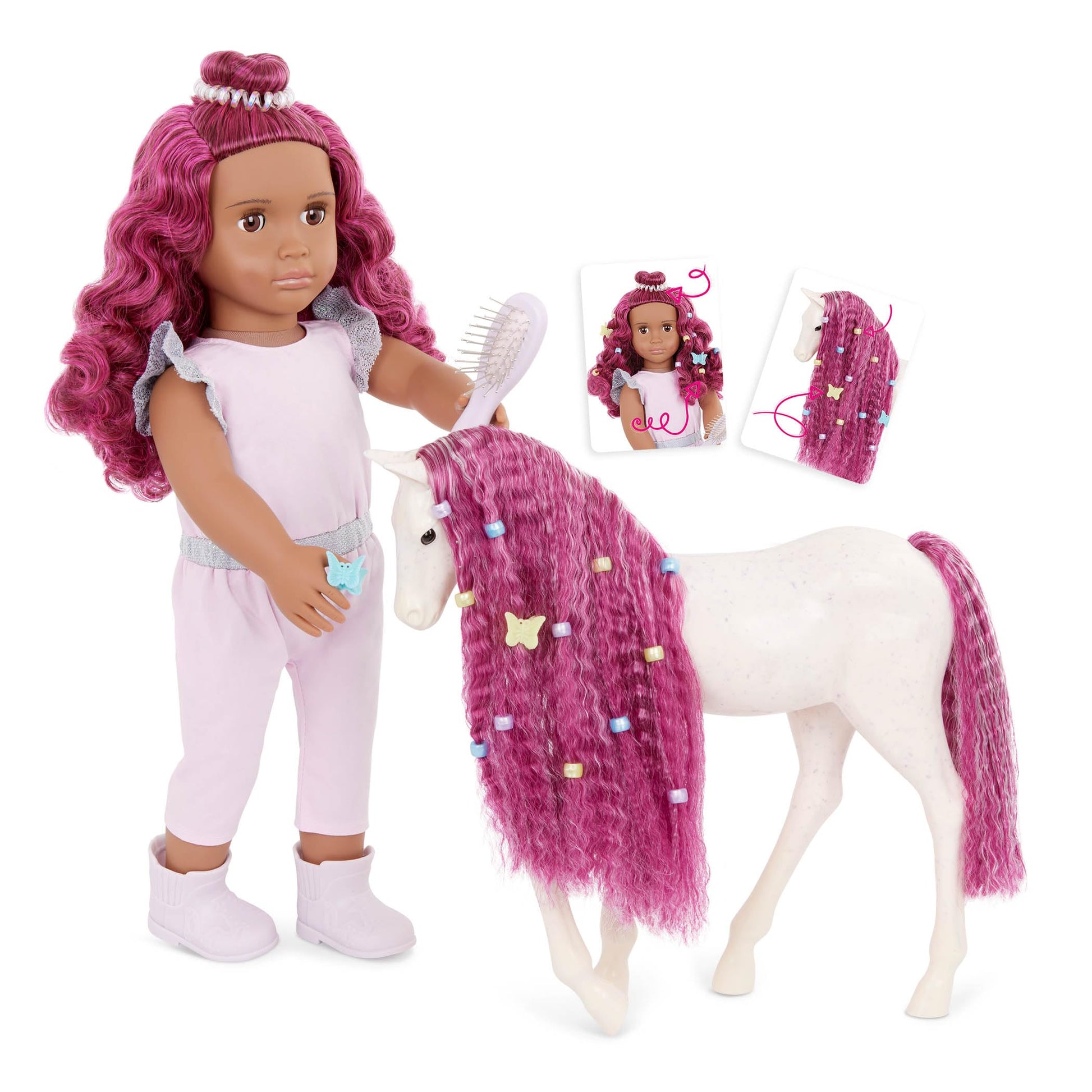 Our Generation Estra 18-inch fashion doll with foal in a playful setting, perfect for imaginative play for ages 3 and up.