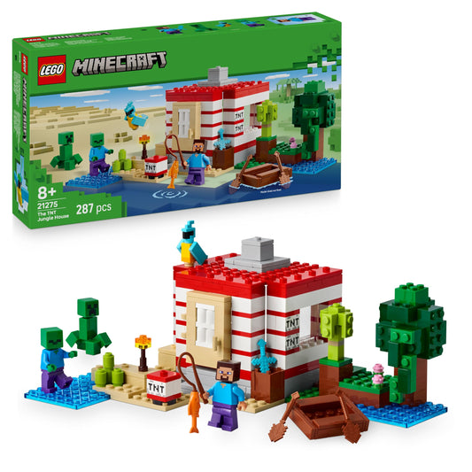 LEGO Minecraft The TNT Jungle House Toy - Interactive Set with a boat model, Steve, Creeper and Zombie Figures plus a TNT Function - Gamer Gift for 8+ Year Old Girls & Boys - 21275
