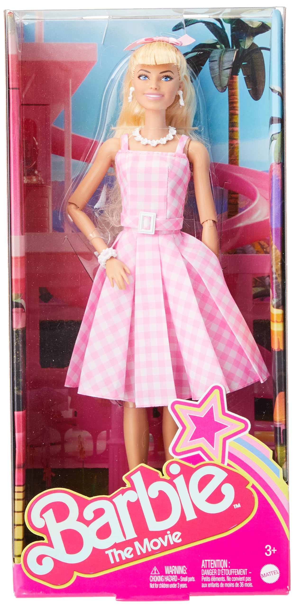 Barbie doll inspired by the movie, dressed in a pink and white gingham dress with a daisy chain necklace.