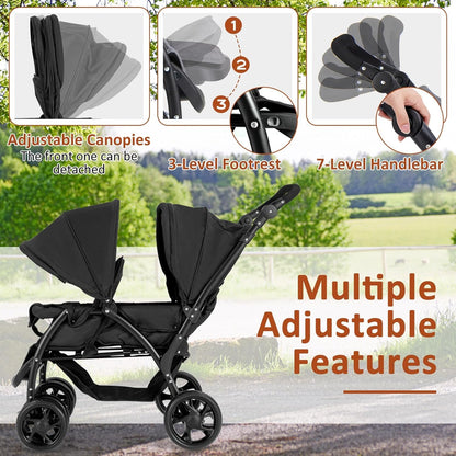Foldable Twin Stroller, Double Baby Pushchair w/Multi-Level Backrest, Canopy, Handle & Footrest, Safety Belt & Brake System, Travel Tandem Seating Stroller w/Lockable Wheels (Black)