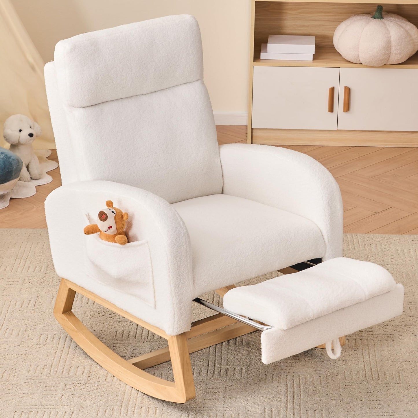 DEKKETO Rocking Chair with Footrest and Headrest, Teddy Wooden Nursing Chairs for adults with Extra Wide Seat and Large Side Pocket, Ergonomic Support for Nursery, Living Room, Ivory
