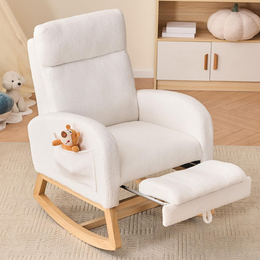 DEKKETO Rocking Chair with Footrest and Headrest, Teddy Wooden Nursing Chairs for adults with Extra Wide Seat and Large Side Pocket, Ergonomic Support for Nursery, Living Room, Ivory