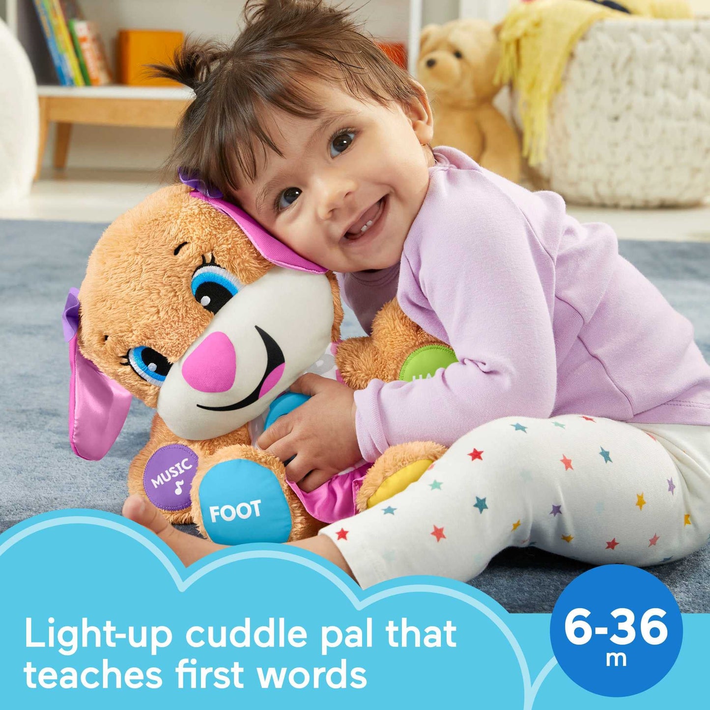 Fisher-Price Laugh & Learn Smart Stages Sis interactive baby toy with colorful lights, musical buttons, and educational features for 6-36 months.