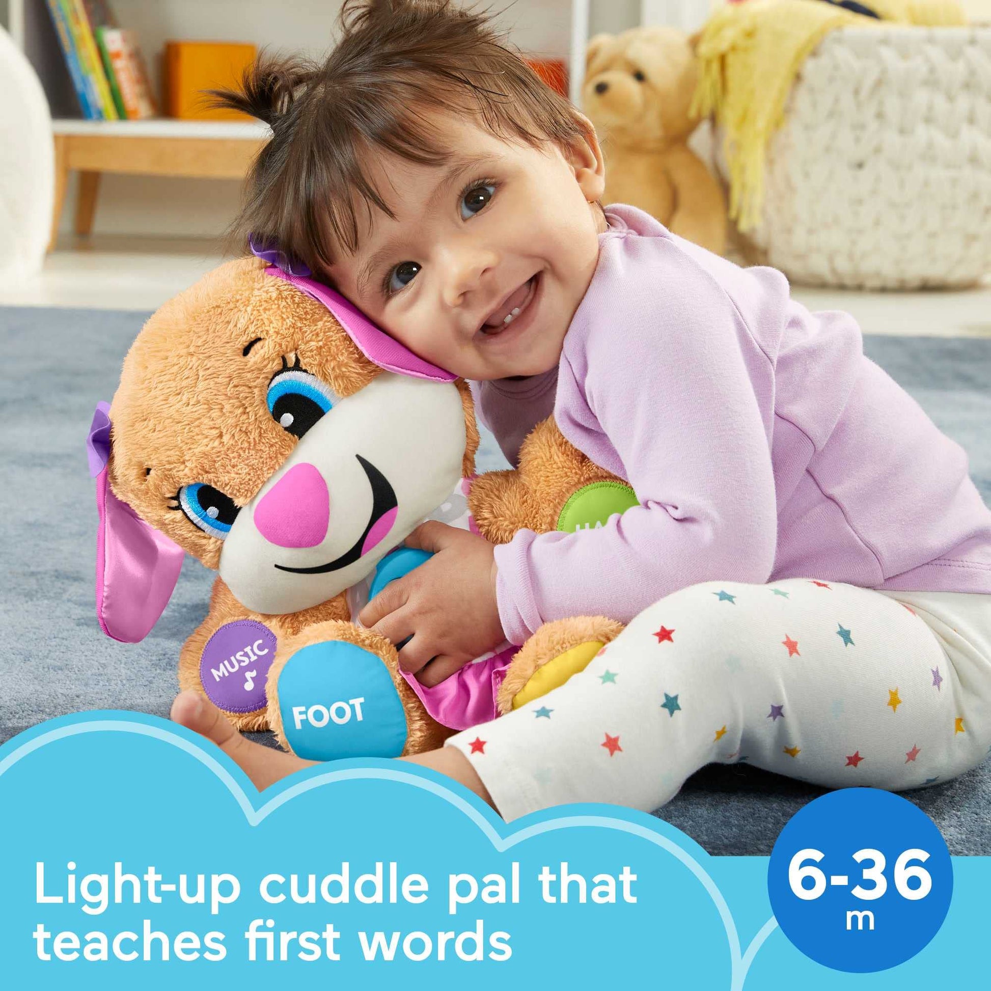 Fisher-Price Laugh & Learn Smart Stages Sis interactive baby toy with colorful lights, musical buttons, and educational features for 6-36 months.