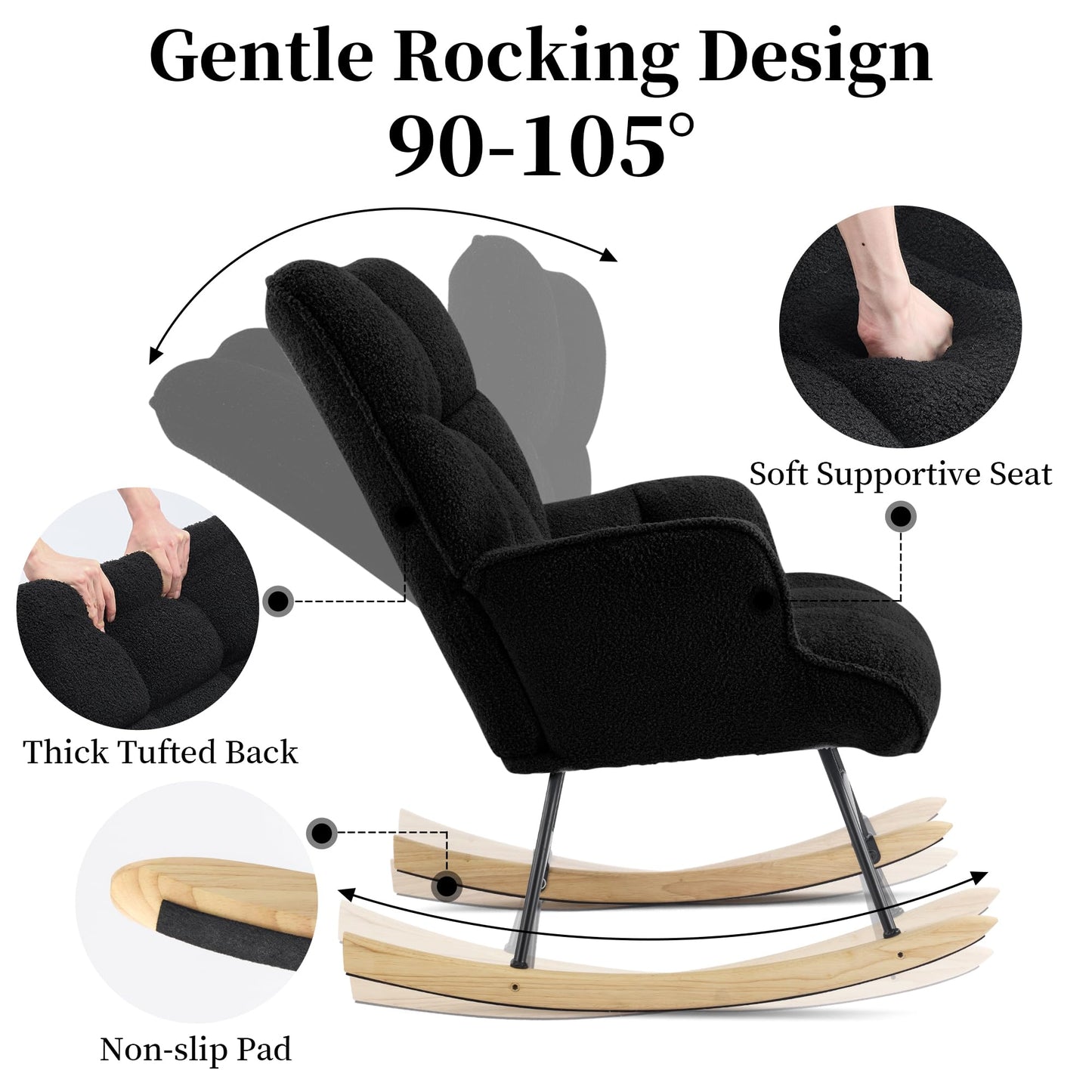 Aunekiv Rocking Chair for Nursery, Teddy Upholstered Glider Nursing Chair for Adults, Comfy Rocking Armchair Indoor for Living Room Bedroom, Black
