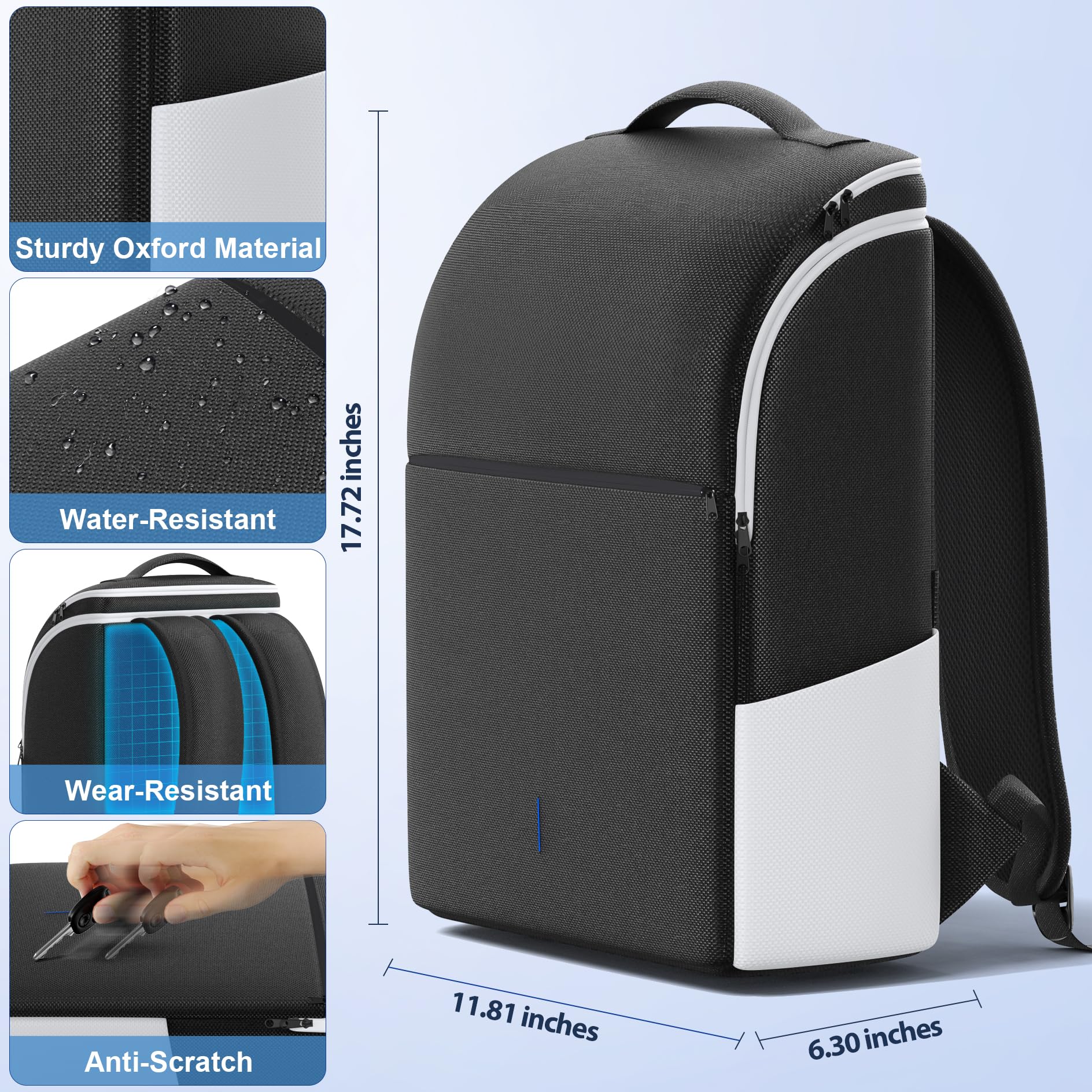 Rysker PS5 console backpack in white, with large capacity, protective padding, three cable pockets, and space for a laptop and game cards.